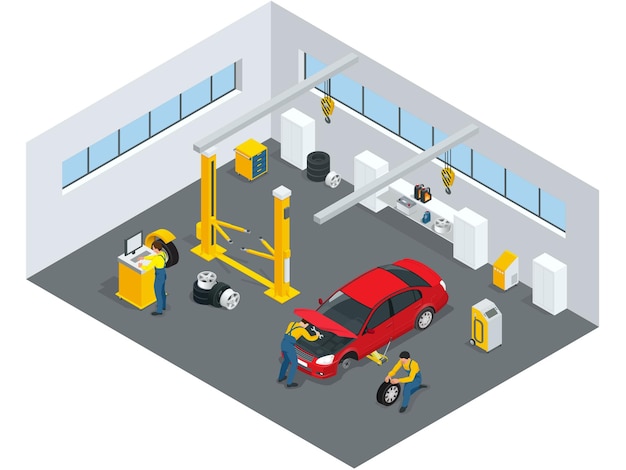 Servicio de mecánica automotriz. iconos planos de reparación y trabajo de automóviles de mantenimiento. ilustración isométrica vectorial aislada