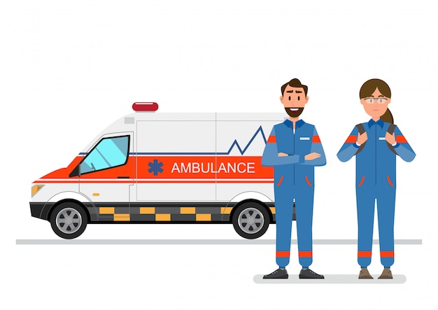 Servicio médico de ambulancia con paciente con personal hombre y mujer