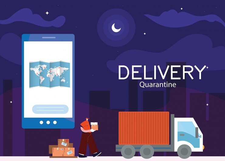 Vector servicio de mensajería con teléfono inteligente, seguimiento de paquetes