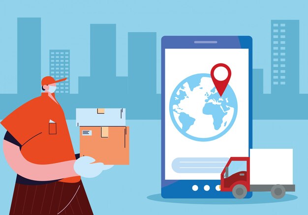 Vector servicio de mensajería con teléfono inteligente, seguimiento de paquetes