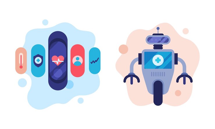 Vector servicio móvil y digital de atención médica y farmacia con conjunto de vectores de robots
