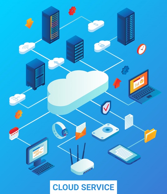Servicio de nube plana isométrica.