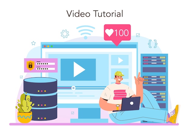 Servicio o plataforma en línea de administrador de base de datos. Gerente que trabaja en el centro de datos. Protección de datos, copia de seguridad, restauración. Video tutorial. Ilustración vectorial
