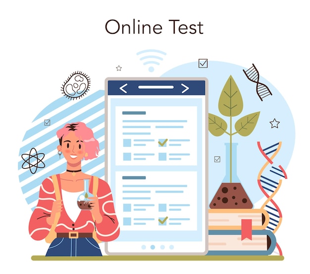 Vector servicio o plataforma en línea de asignaturas de la escuela de biología. estudiantes explorando