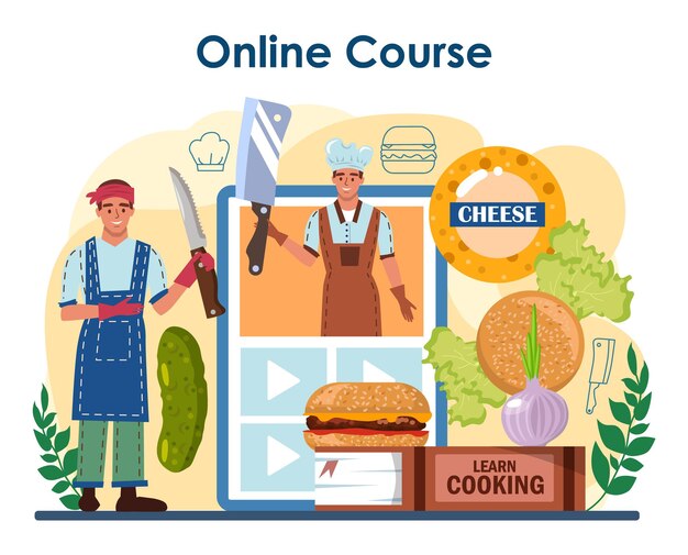 Servicio o plataforma en línea de la casa de hamburguesas. El chef cocina una sabrosa hamburguesa con queso, tomate y ternera a la parrilla y pan. Curso por Internet. ilustración vectorial plana