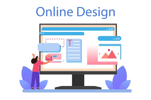 Servicio o plataforma en línea de creación de prototipos de sitios web Desarrollo de interfaz de modelado de páginas web Lluvia de ideas e idea creativa Diseño en línea Ilustración de vector plano aislado