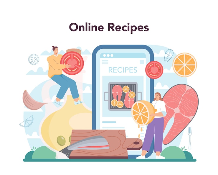 Vector servicio o plataforma en línea de filete de salmón. chef cocinando filete de pescado a la plancha en el plato con limón. filete de pescado para cenar. recetas online. ilustración vectorial plana
