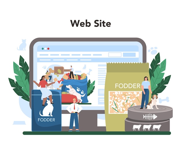 Servicio o plataforma en línea de la industria del forraje Alimentos para la producción de mascotas Cuenco para perros y gatos y paquete de alimentos Comida para animales domésticos Sitio web Ilustración vectorial plana