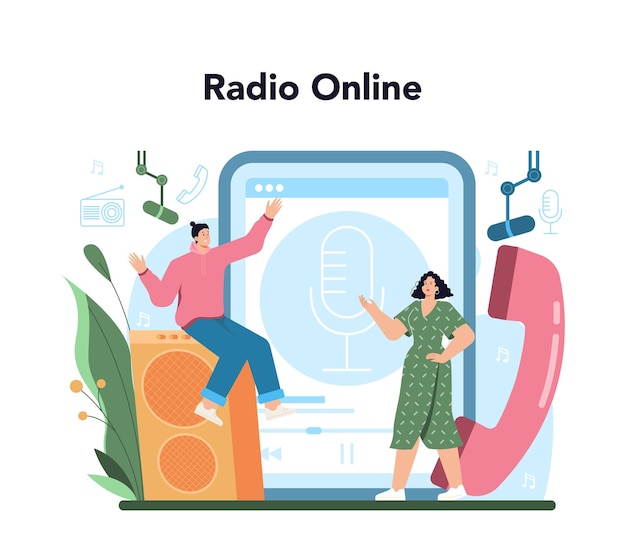 Servicio o plataforma en línea de presentador de radio Idea de transmisión de noticias en el estudio Radio DJ entrevistando a una persona Radio en línea Ilustración de vector plano