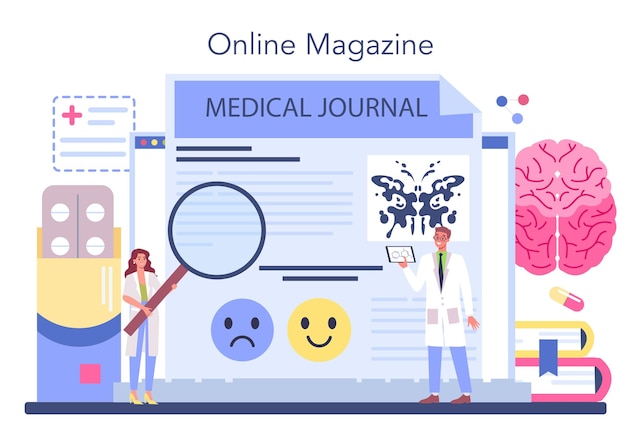 Servicio o plataforma en línea de psiquiatra Diagnóstico de salud mental Médico que trata enfermedades mentales con psiquiatría Revista en línea Vector ilustración plana
