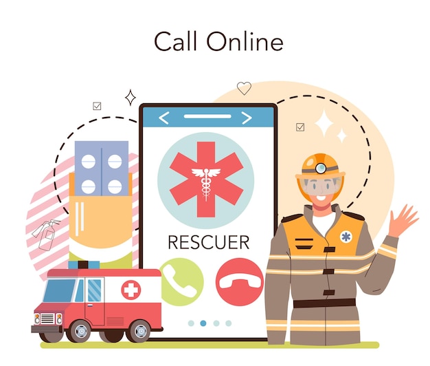 Servicio o plataforma en línea de rescate de urgencia Salvavidas de ambulancia que ayuda en primeros auxilios Salvavidas en una operación de búsqueda de personas Llamada en línea Ilustración vectorial