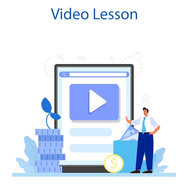 Servicio o plataforma en línea de tenedor de libros Gerente de oficina de contador profesional Cálculo de impuestos y análisis financiero Lección de video en línea Ilustración vectorial