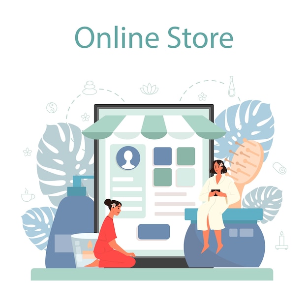Servicio o plataforma de masajes y masajistas online. Procedimiento de spa en salón de belleza. Tratamiento y relajación de espalda. Tienda en línea.