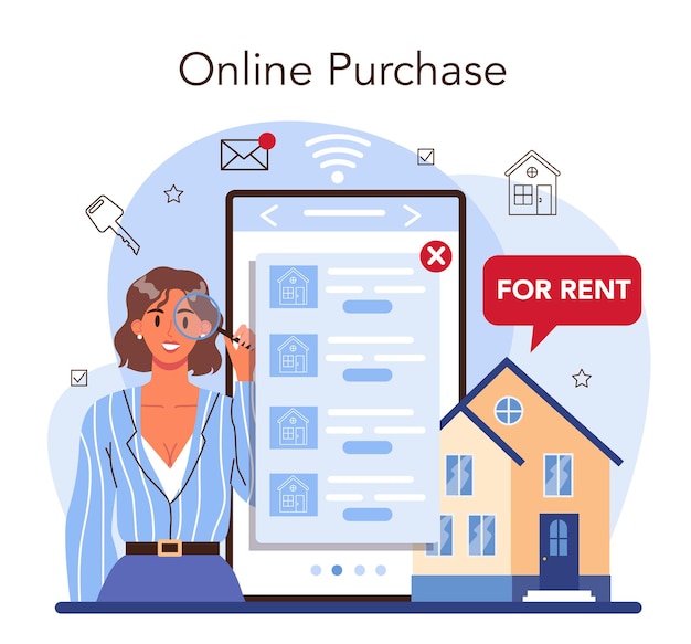 Servicio o plataforma online de agencia inmobiliaria. El agente inmobiliario o corredor ayuda al cliente a alquilar o alquilar una casa. Compra en linea. Ilustración vectorial plana