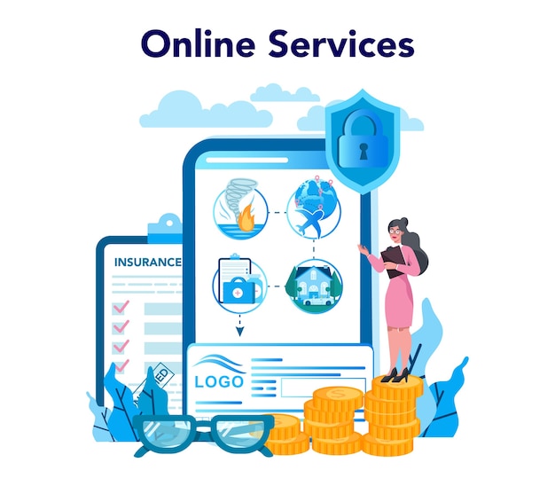 Servicio o plataforma online de agente de seguros. Idea de seguridad y protección de la propiedad y la vida frente a daños.