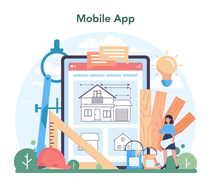 Vector servicio o plataforma online de arquitectura. idea de proyecto de construcción y obra de construcción. industria de la empresa de construcción. aplicación movil. ilustración vectorial plana
