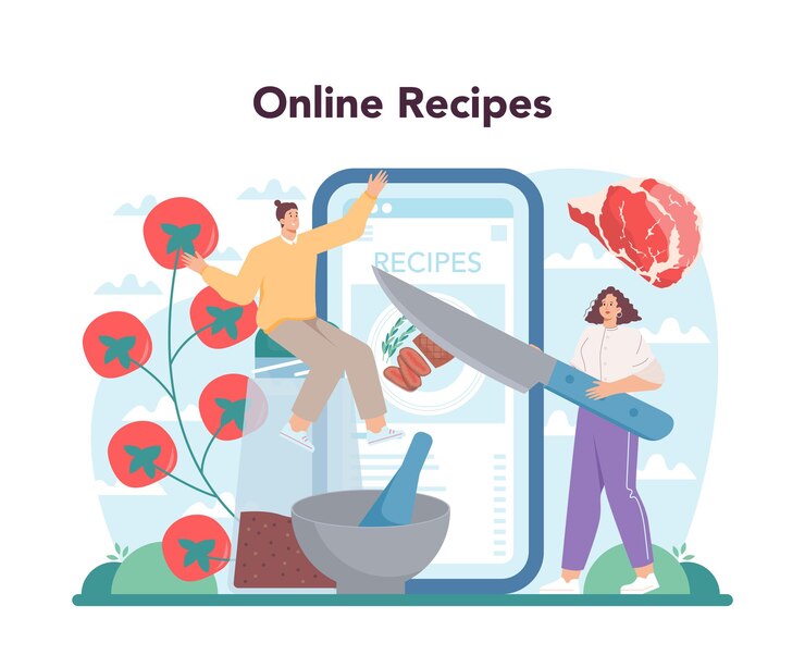 Vector servicio o plataforma online de bistec. gente cocinando sabrosa carne a la parrilla en el plato. deliciosa carne asada a la barbacoa. recetas online. ilustración vectorial plana