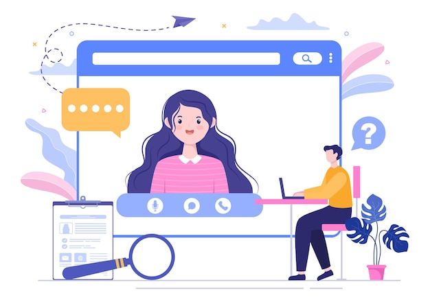 Servicio o Plataforma Online de Entrevista de Trabajo, Candidato y Gerente de RRHH. Hombre o mujer de negocios en la mesa, ilustración vectorial para conversación, carrera, concepto de recursos humanos