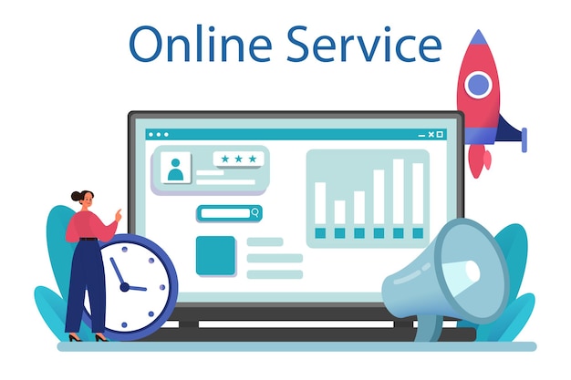 Servicio o plataforma online de estrategia de relaciones públicas. Publicidad de marca comercial, construyendo relaciones con el cliente. Ilustración vectorial plana