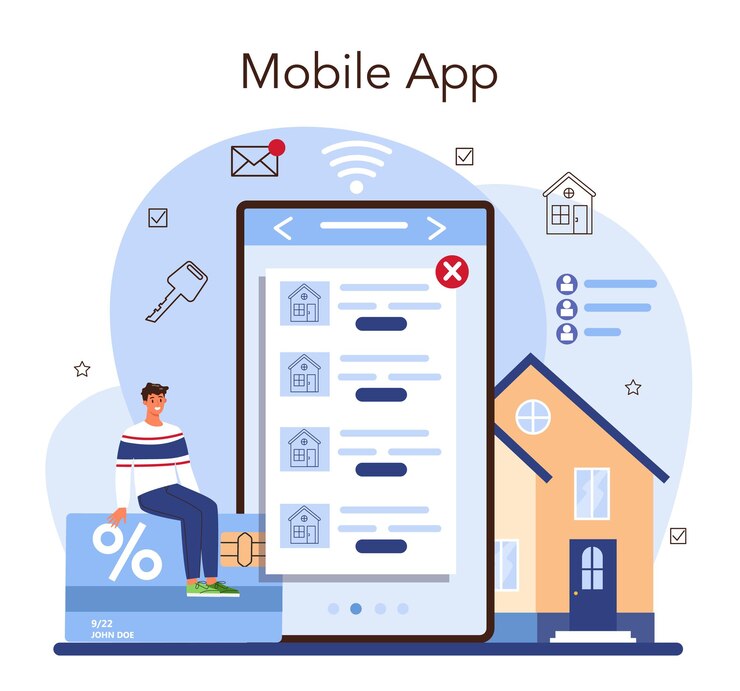 Vector servicio o plataforma online inmobiliaria. agente inmobiliario calificado y confiable que garantiza la compra de una propiedad. aplicación movil. ilustración vectorial plana