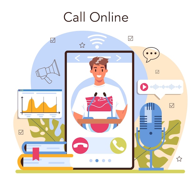 Servicio o plataforma online de ponentes. Especialista en retórica hablando con un micrófono. Seminario de negocios o conferenciante conferencista. Llamada online. Ilustración vectorial plana