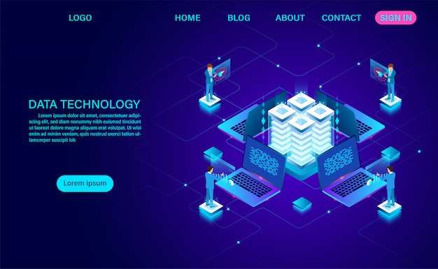 Servicio de página de aterrizaje de datos y procesamiento de big data Protección del concepto de seguridad de datos. información digital isométrica vector de dibujos animados
