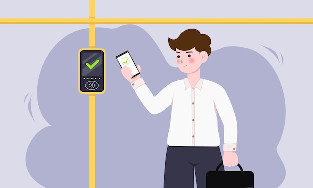 Servicio de pago sin contacto para el billete Ilustración vectorial Hombre de dibujos animados Pasajero con tarjeta de crédito Hombre que paga en el transporte público Concepto tecnológico de sistema digital de pago sin efectivo seguro