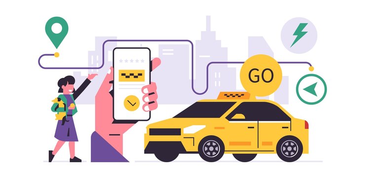 Vector servicio de pedido de taxis concepto de aplicación móvil una mano sosteniendo un teléfono con la reserva de un taxi en la pantalla chica con un perro coche amarillo ciudad línea icono signo ilustración vectorial plana
