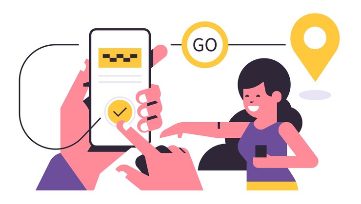 Vector servicio de pedido de taxis concepto de aplicación móvil una mano sosteniendo un teléfono con la reserva de un taxi en la pantalla servicio de taxi urbano mujer feliz línea de banner web ilustración de vector plano