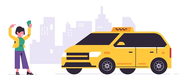 Servicio de pedido de taxis en línea Un conductor en un taxi amarillo un transporte de pasajeros de personas Chica con taxi de la ciudad de dinero Ilustración vectorial aislada en el fondo