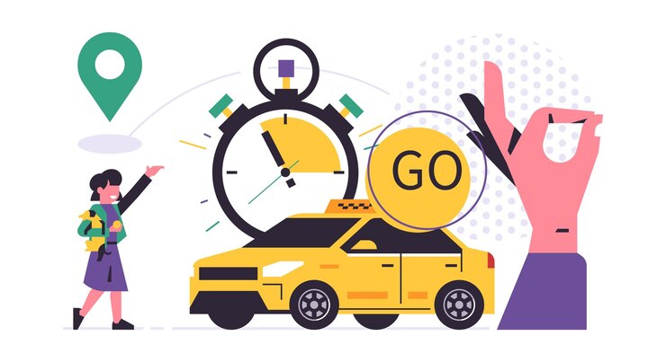 Vector servicio de pedido de taxis en línea servicio de taxi de la ciudad una niña con un perro y un automóvil amarillo mano que muestra el cronómetro del símbolo ok ilustración vectorial aislada en el fondo