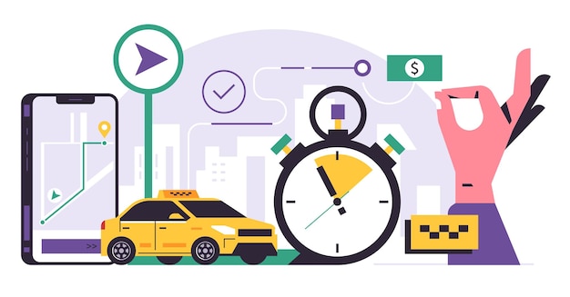 Servicio de pedido de taxis en línea Teléfono con un mapa de la ciudad para pedir un taxi amarillo en la pantalla Mano de la ciudad del coche amarillo que muestra el símbolo ok cronómetro pin gps punto dinero Ilustración vectorial plana