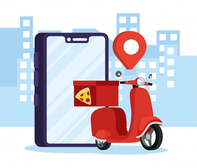 Servicio de pizza a domicilio en moto con smartphone
