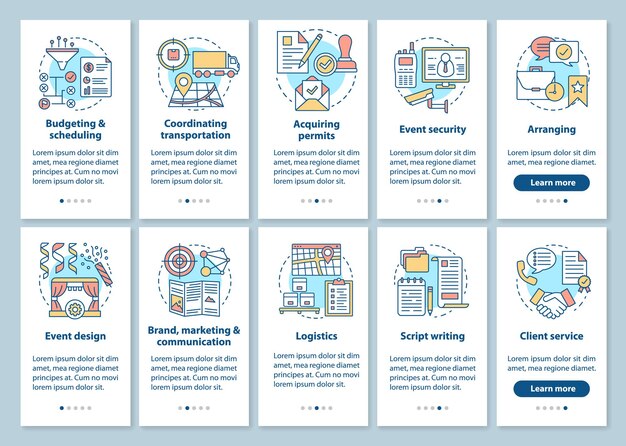 Servicio de planificación y gestión de eventos que incorpora la pantalla de la página de la aplicación móvil con conceptos lineales. Instrucciones gráficas del tutorial de la industria de eventos especiales. Plantillas de UX, UI, GUI con ilustraciones