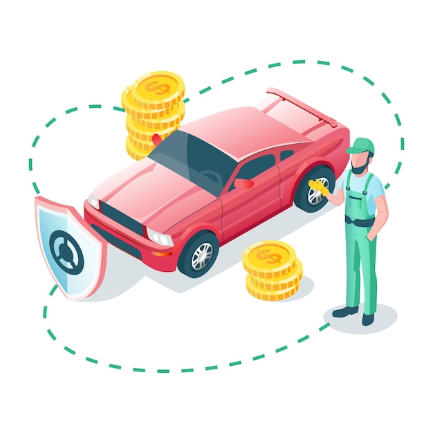 Servicio de póliza de seguro diseño isométrico con automóvil rojo Seguro de automóvil Servicio de reparación de vehículos Protección contra incidentes Composición de íconos web 3D Agente de seguros con escudo Ilustración vectorial