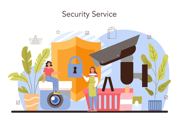 Vector servicio de protección de tienda de seguridad de almacén de actividades comerciales
