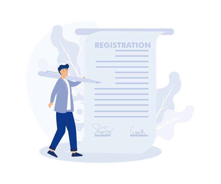 Vector servicio de registro de empresas, inicio de nuevos negocios, empresario de confianza con cartel de éxito de pluma,