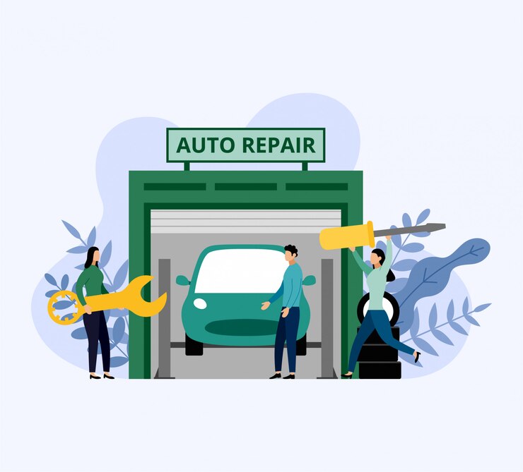 Vector servicio y reparación de automóviles, trabajadores de reparación de automóviles, ilustración de vector de concepto de negocio