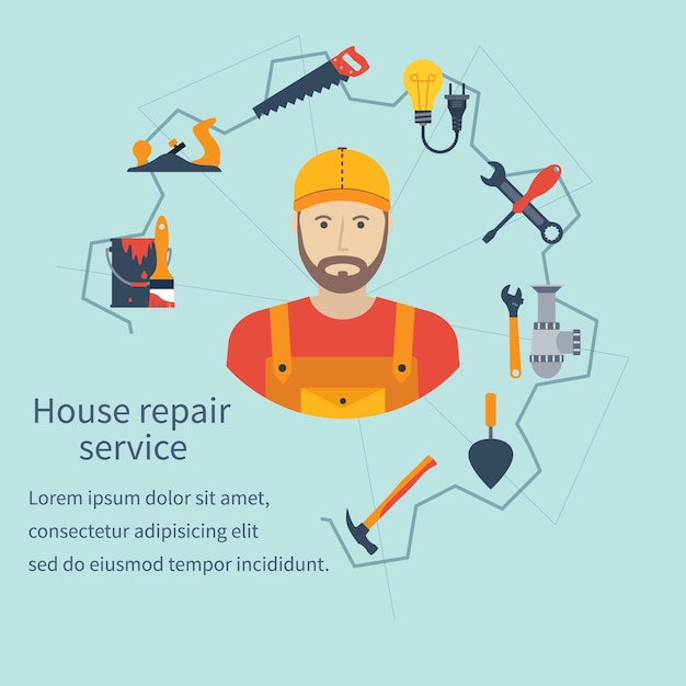 Servicio de reparación de viviendas Concepto de reparador Construcción y reparación de viviendas Manitas y herramientas de iconos Mantenimiento reparador de viviendas electricista fontanero carpintero pintor Iconos aislados estilo plano Vector