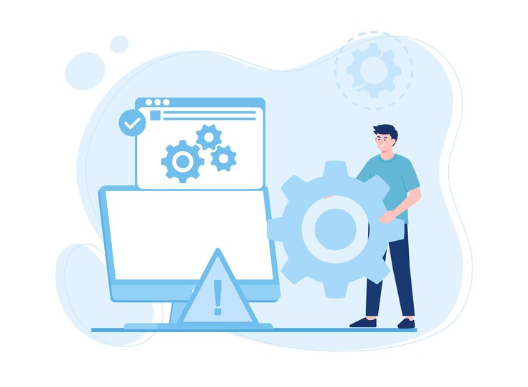 Vector servicio de resolución de problemas de portátiles tendencia concepto ilustración plana