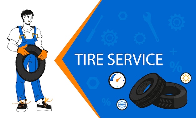 Servicio de ruedas de neumáticos o tienda de reparación de automóviles garaje publicidad banner o plantilla de volante con ilustración de vector plano de dibujos animados mecánico de automóviles Banner de servicio de taller de neumáticos