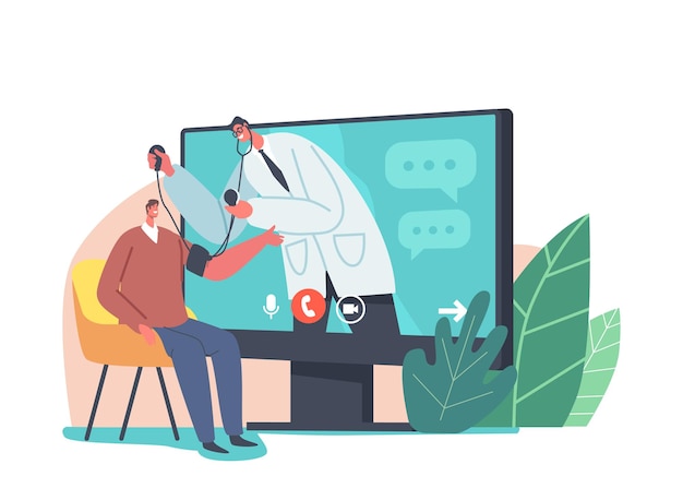 Servicio sanitario online. Carácter médico en bata blanca en la pantalla de la Pc que mide la presión arterial del paciente con tonómetro. Tecnologías de alta tecnología para el cuidado de la salud, Chequeo. Ilustración de Vector de gente de dibujos animados