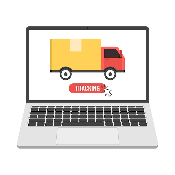 Vector servicio de seguimiento concepto isométrico en línea con computadora portátil y camión en pantalla concepto de compras logísticas ilustración vectorial