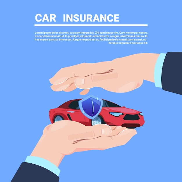 Vector servicio de seguros mano gesto protector coche dibujos animados sobre fondo azul copia plana espacio ilustración vectorial