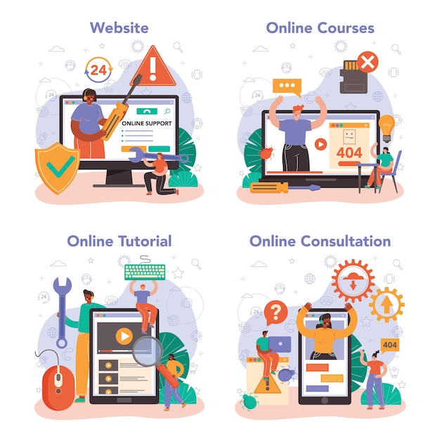 Servicio de soporte técnico en línea o conjunto de plataforma. Asesor ayuda con problemas técnicos, proporcionando información de configuración. Consulta online, tutorial, curso, sitio web. Ilustración vectorial plana