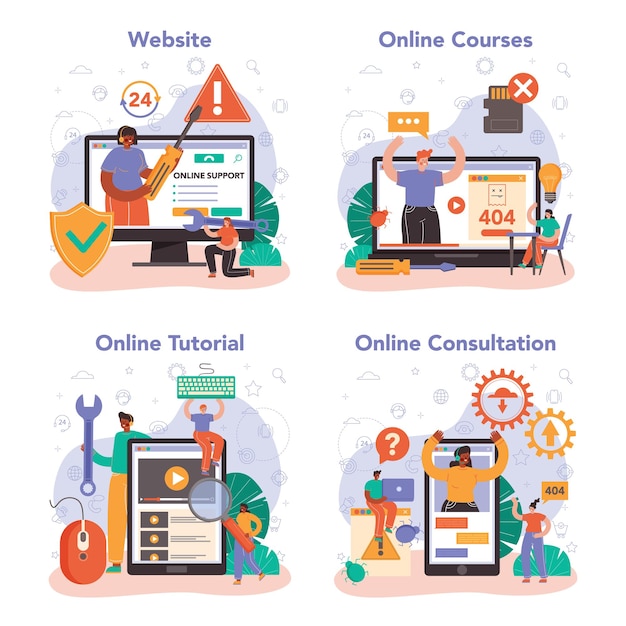 Servicio de soporte técnico en línea o conjunto de plataforma. asesor ayuda con problemas técnicos, proporcionando información de configuración. consulta online, tutorial, curso, sitio web. ilustración vectorial plana