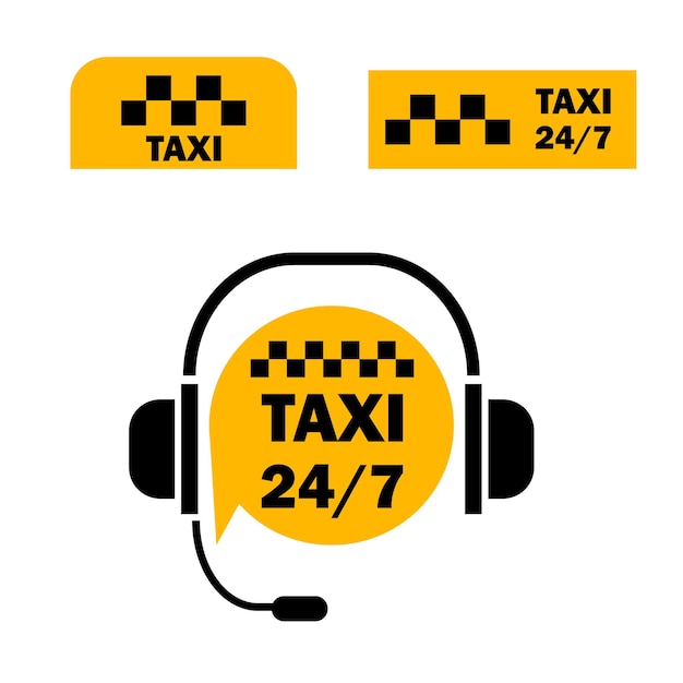 Vector servicio de taxi por concepto de 24 horas, 7 días auriculares con texto y centro de llamadas de taxi de 247 íconos
