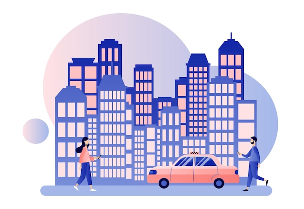 Servicio de taxi Fondo de la ciudad con rascacielos Estilo de dibujos animados plana Ilustración vectorial