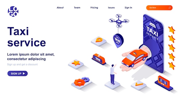 Servicio de taxi página de inicio isométrica 3d con personajes de personas