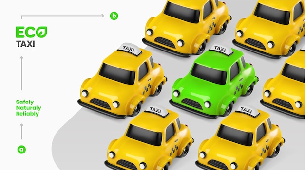 Vector servicio de taxis verdes eléctricos en 3d ilustración vectorial de taxis ecológicos urbanos modernos